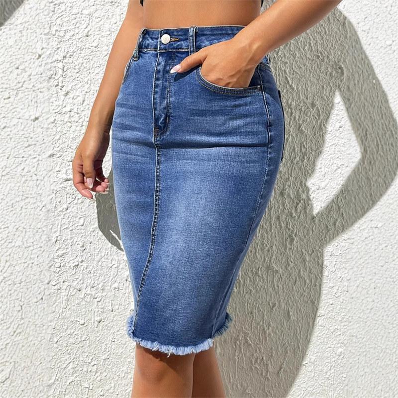 Women Fashion High Waist Denim Skirts Ladies Stretch Jeans Knee Length Casual Bodycon Dress Skirt