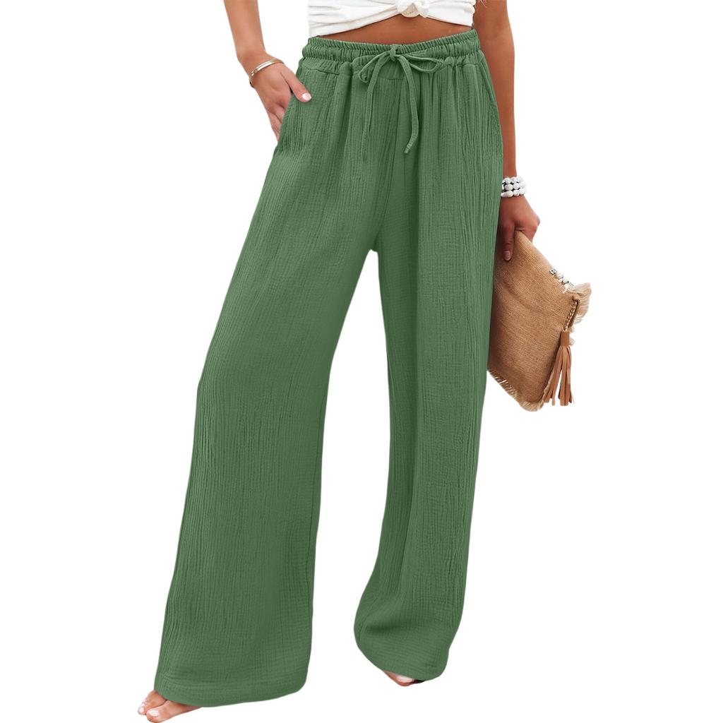 Women's Wide Leg Pants Elastic High Waist Drawstring Pants Flowy Summer Beach Palazzo Pants Casual Trousers