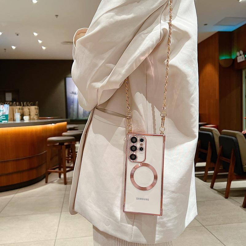 Crossbody Lanyard mäkké magnetické pokovovanie TPU nárazuvzdorné priehľadné puzdro na telefón pre Samsung S24 S23 S22 Ultra Plus S21 S20FE