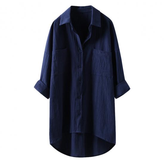2026 Lente en Herfst Nieuw Dames Casual Stijl Effen Kleur Shirt Katoen Linnen Vest met Dubbele Zakken Lange Mouw Top