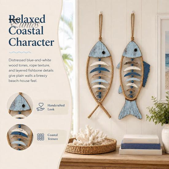Wooden Decorative Pendant Fish Wall Hanging With/Without LED Light, Nautical Decor, Coastal Theme Fishbone Durable Fine Craftsmanship Decor