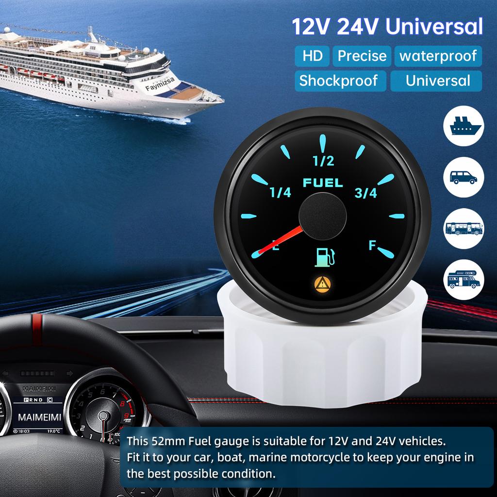 7 Color Backlight 52mm Fuel Level Gauge With Flashing Alarm 0-190ohm 240-33ohm 0-90ohm Oil Tank Meter Digital pointer Gauge