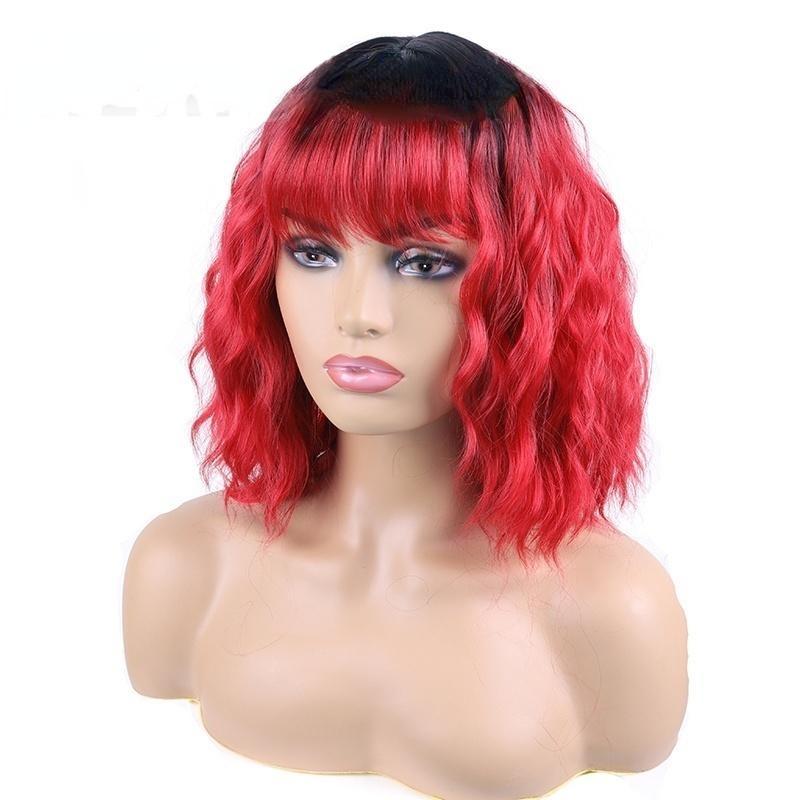 Damen-Perücke mit kurzen Wellen, weinrot, synthetisches Haar, mit Pony (Farbe: 18 Farben)