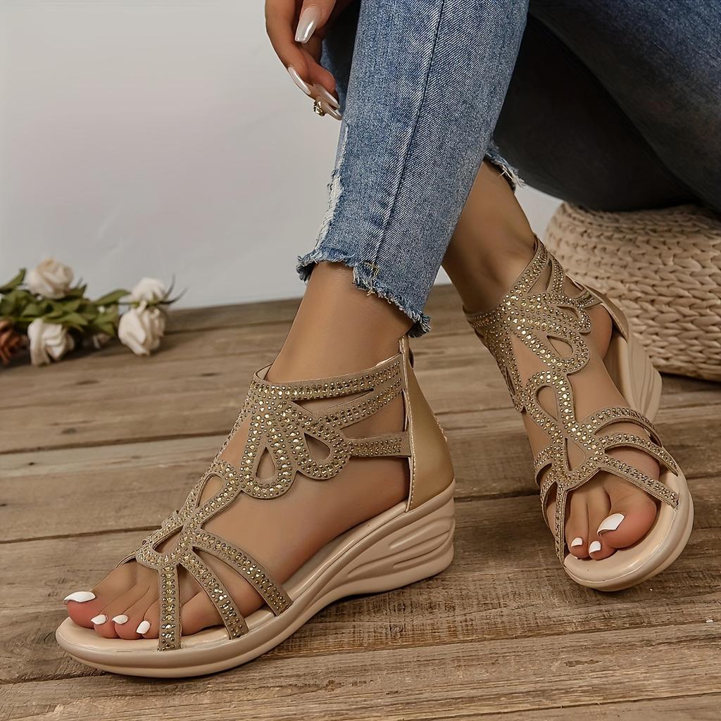 Sandales compensées décoratives à strass pour femmes, sandales décontractées à bout ouvert et design ajouré, sandales confortables à fermeture éclair arrière