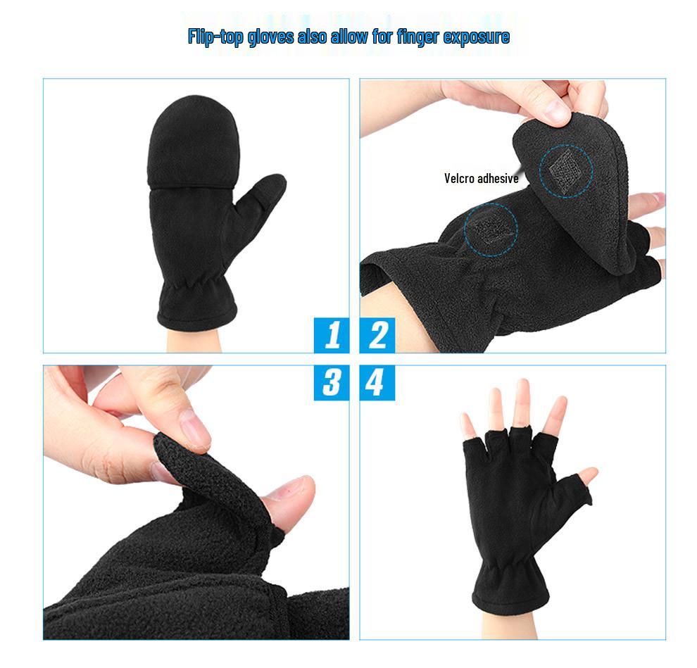 In-Stock Autumn/Winter Fingerless Fleece-Lined Windproof Flip-Top Warm Gloves