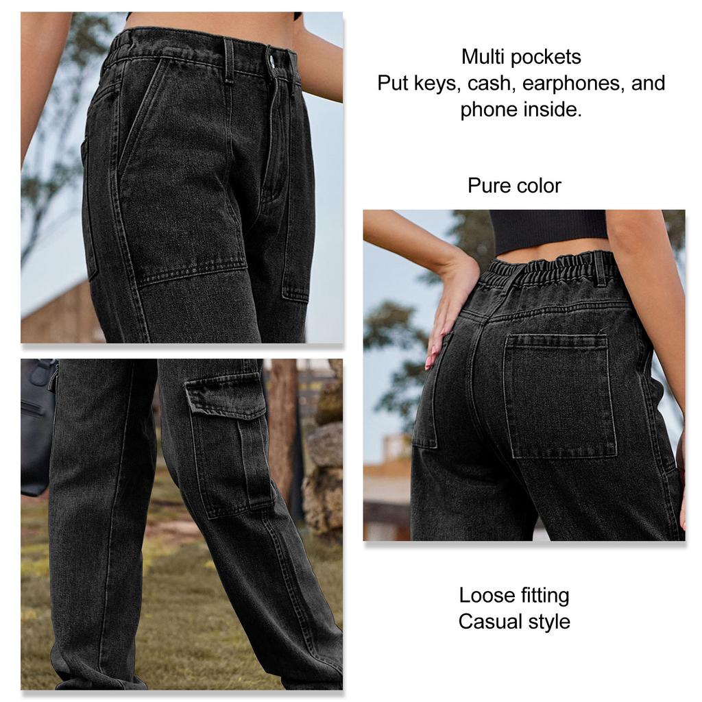 Women Baggy Pants Stylish Multi Pockets Loose Fitting Casual Long Trousers for Daily Wear Black