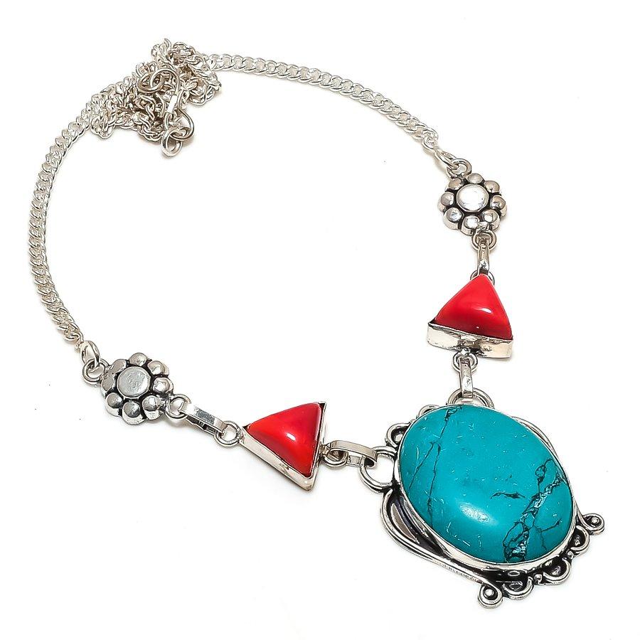Natural Santa Rosa Turquoise, Coral 925 Sterling Silver Necklace 18" c1e72