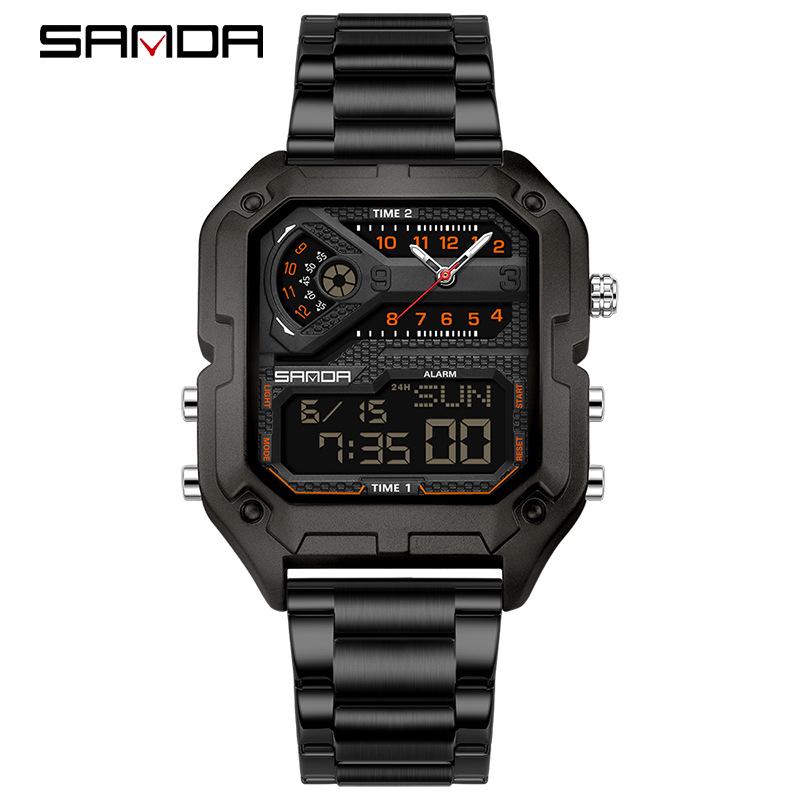SANDA Men's Luxury Quartz Watch - Steel Band, Waterproof, Three-Time Zone, Versatile for Casual and Workplace Wear.