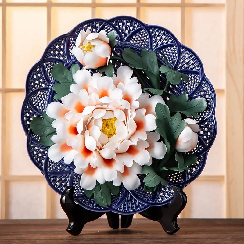 Pure Handmade HomeDecor Ceramic Art Hanging Plate Peony Flower Plate Chinese Craft Gift Creative LivingRoom Decoration Ornaments