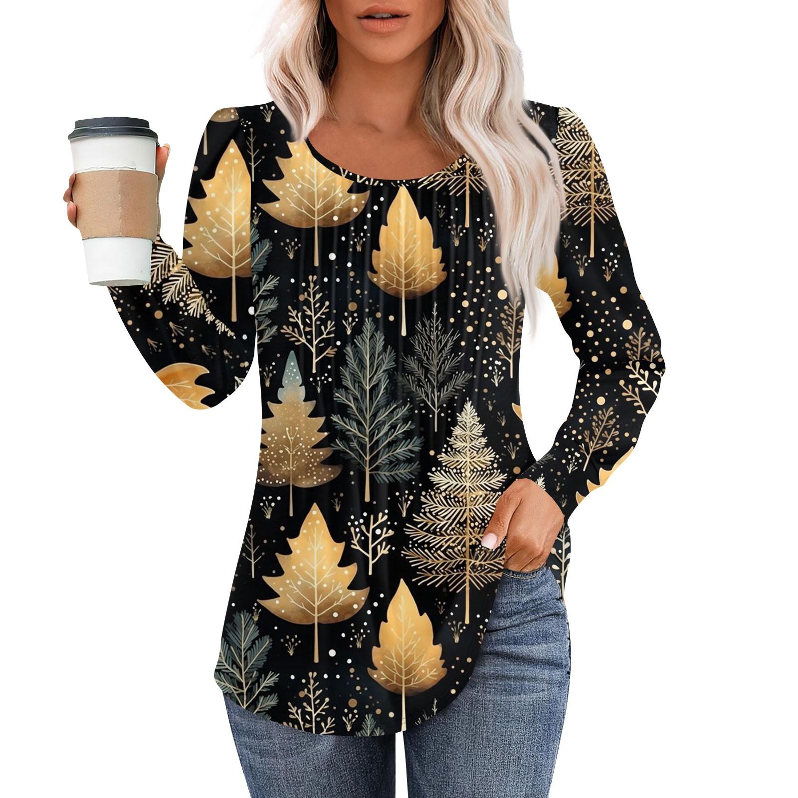 

Женская модная повседневная плиссированная футболка с круглым вырезом и рождественским принтом с длинными рукавами L тёмно-синий