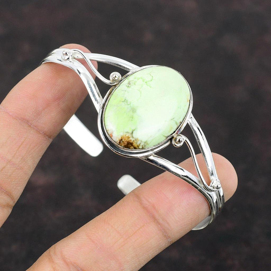 Lemon Chrysoprase Cuff Bracelet Genuine Gemstone Bangle 925 Sterling Silver Adjustable Cuff Bangle Beautiful Handmade Women Jewelry For Gift