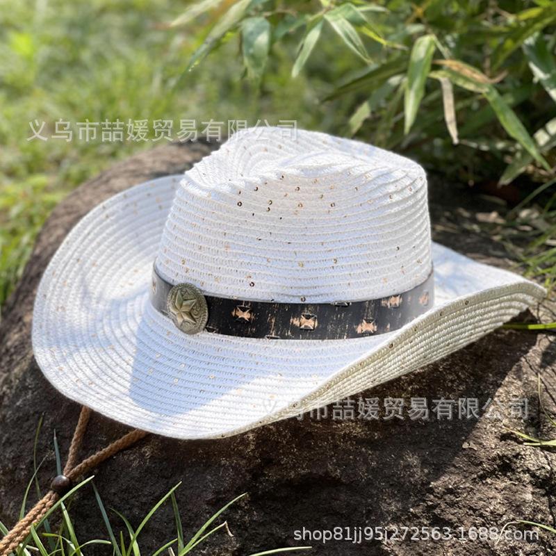 Five-star dyed belt sequined straw hat women's spring and summer outdoor travel sunscreen sunshade western cowboy hat