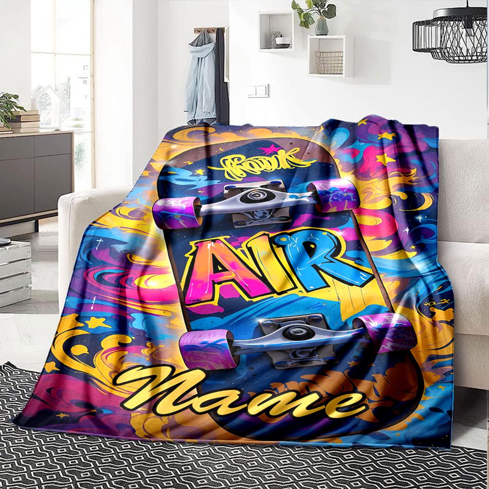 Custom Name skateboard Theme Printed Blanket - Perfect for Couch, Bed, Travel & Outdoor Use | Machine Washable, Cozy & Durable.