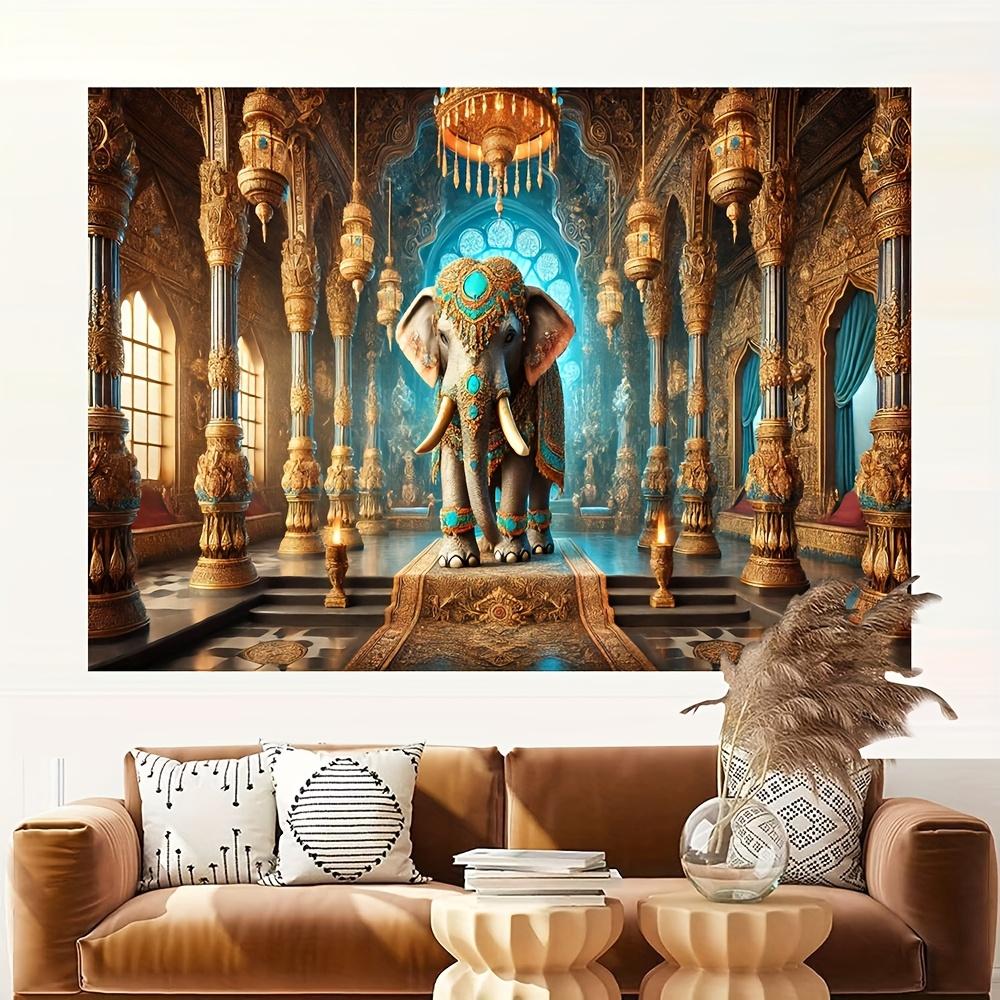 Royal Elephant Palace Wall Art Indian Temple Decor Golden Interior Design Luxury Home Decor Exotic Animal Mural Living Room