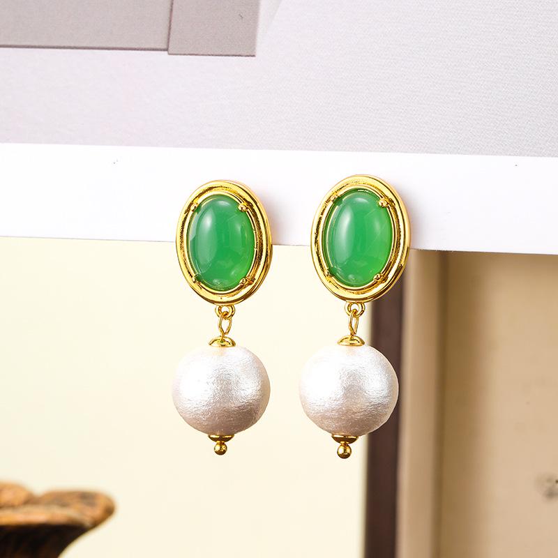 French Baroque Natural Green Agate Cotton Bead Earrings