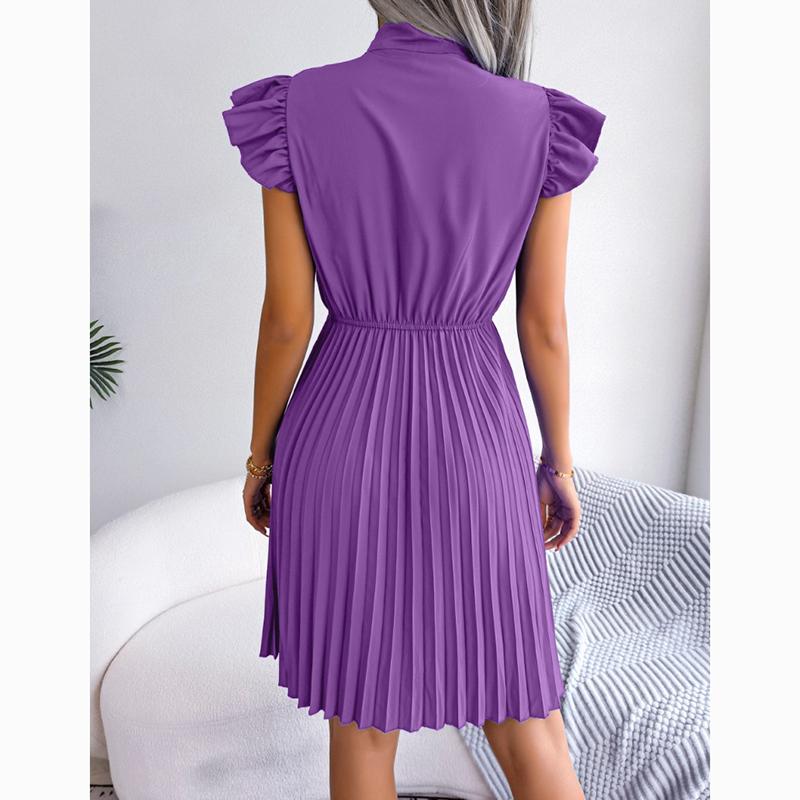 Spring Summer A Line Casual Dresses Women Lace Up Waist Pleated Office Lady Dress Elegant Ruffled Solid Loose Dress Female Clothing 24114