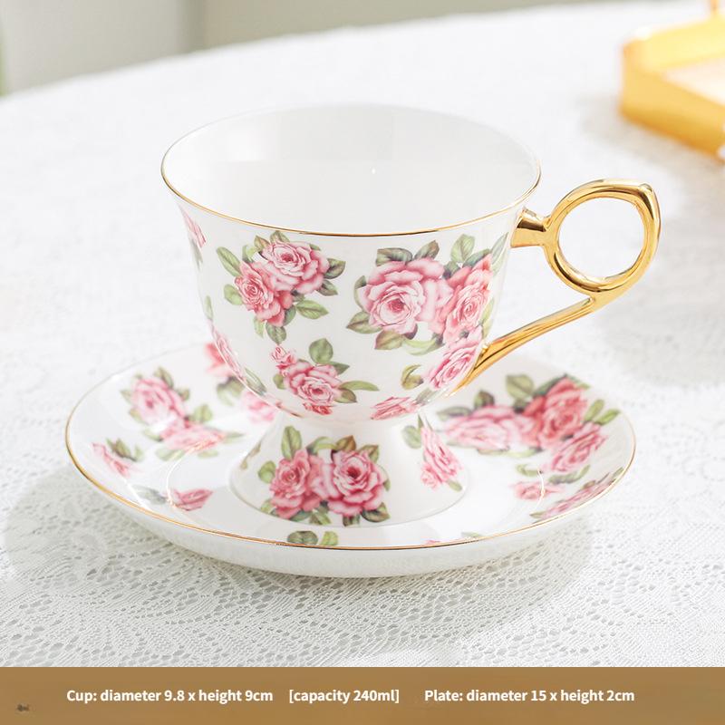 Tazze e piattini da caffè in porcellana ossea, tazze e piattini da tè nero a gambo alto con bordo dorato di lusso leggero