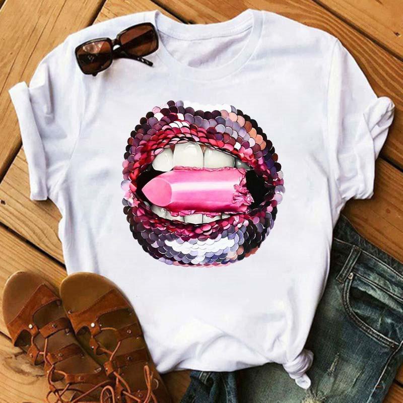 Spring Summer Plus Color Lips Loose Casual Fashion Simple Round Neck Pure Cotton Short Sleeved Top T-Shirts Women’s