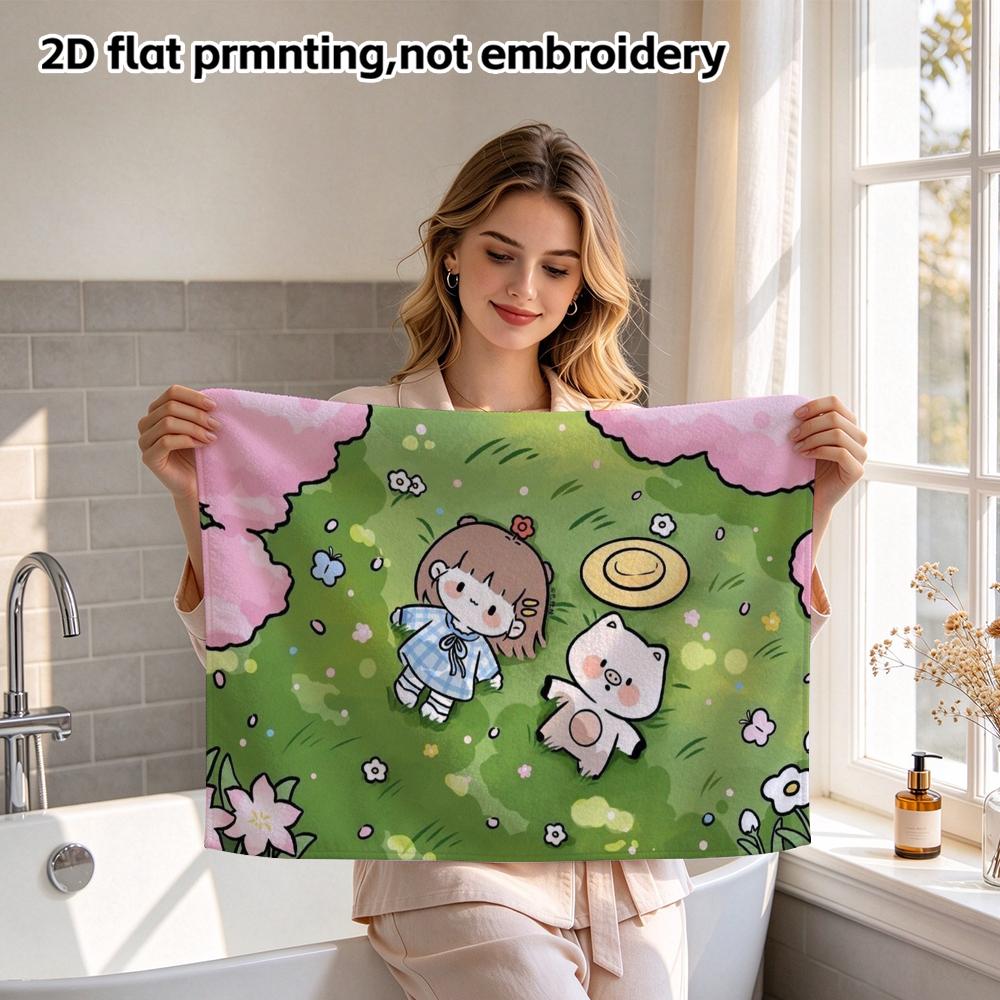Cherry Blossom Picnic Cute Girl And Pig Quick Dry Towel, Soft Bathroom Towel