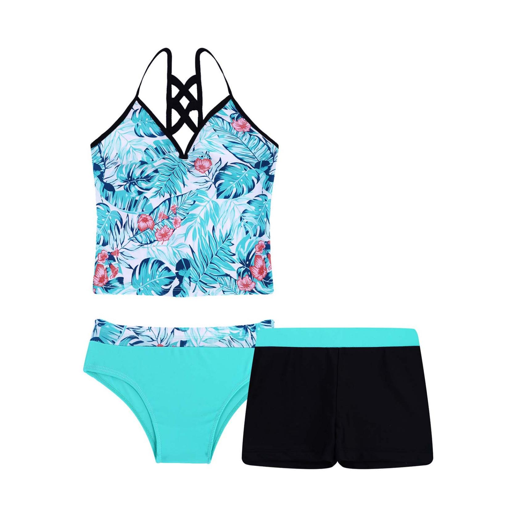 IEFiEL Kids Meisjes Tankini Badpak 3 Stuks Badpakken Bikini Slips Boyshort Tops Bloemen Gedrukt Zwemmen Strandkleding Pakken 7-8 Years mintgroene kleur