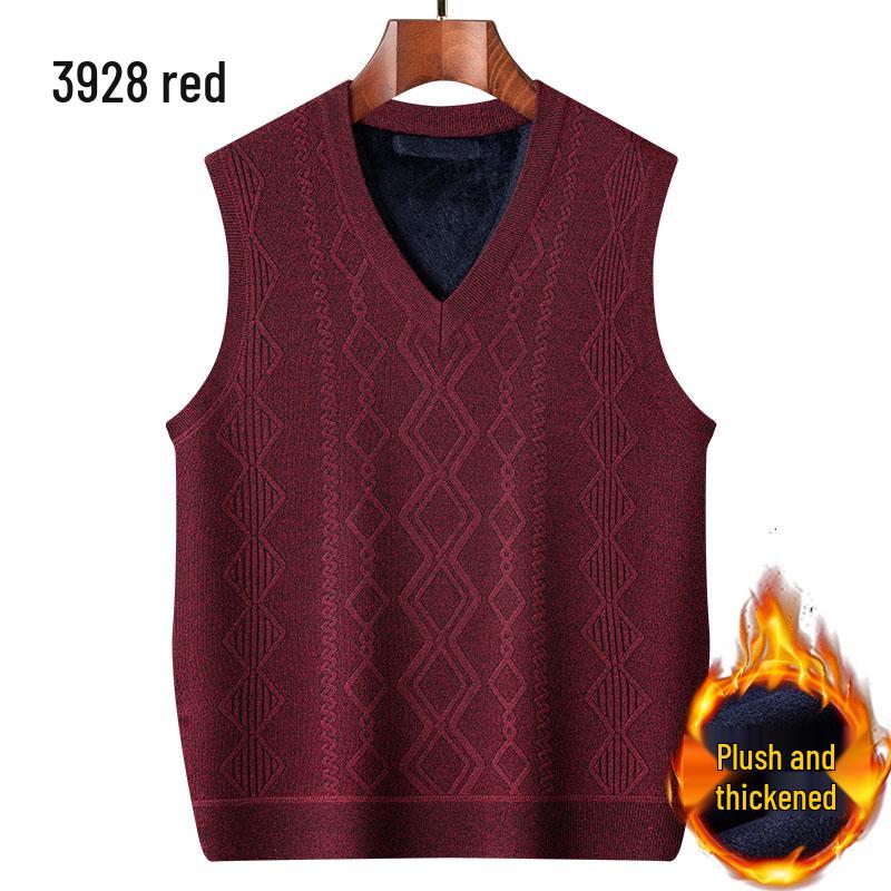 Dad's Fleece-Lined Sweater Vest: Warm Knitted Base Layer for Middle-aged and Elderly Men in Autumn and Winter.