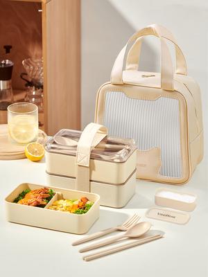 Worthbuy Mikrowellen-Bento-Box mit Besteck, tragbare doppelstöckige Lunchbox, auslaufsichere, unterteilte Lebensmittelbehälter für Schülerkinder