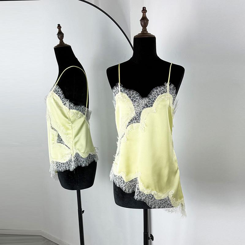 

Атласні Топи з Мереживною Вставкою Жіноча Майка 2025 Сексуальний V-подібний Виріз Без рукавів Асиметричний Приталений Кроп-Топ Майка з Оздобленням Y2K S