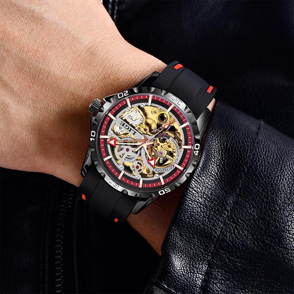 LIGE Top marca nova relógio mecânico criativo oco design pulseira de silicone masculino relógio mecânico esportes lazer nightlight à prova dwaterproof água relógio masculino
