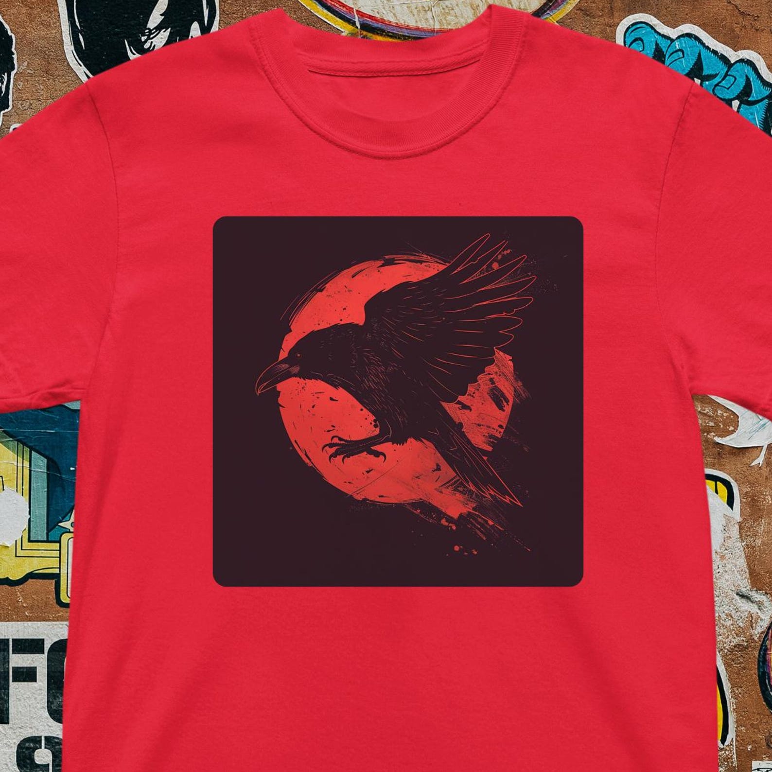 Flying Raven Red Moon T-Shirt - Gothic Bird Graphic Dark Alternative S