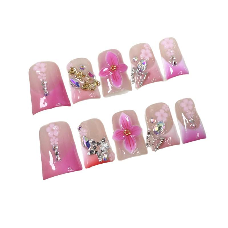 Short Duckbill Press-On Nails With Floral Butterfly Star Design Ice-Transparent Pink Blush Gel Effect Sweet 3D Embossed Handmade