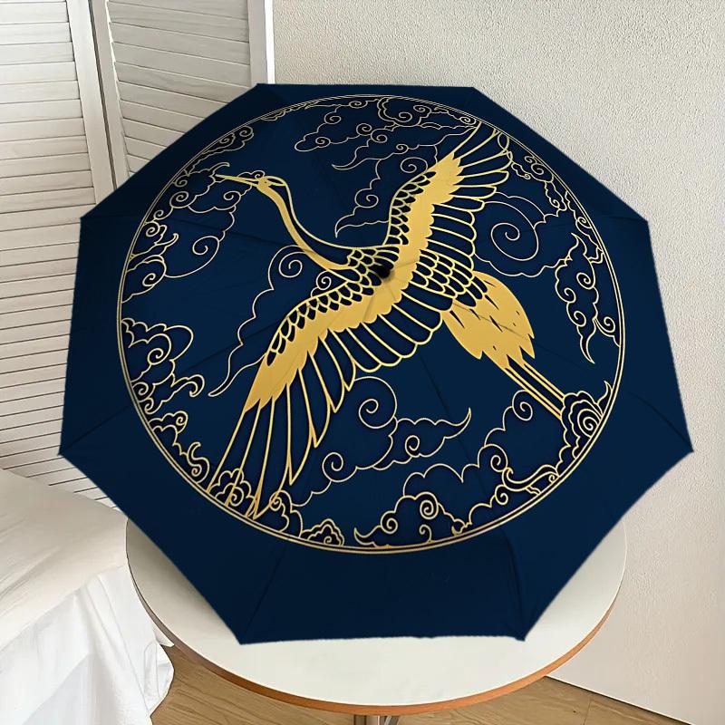 1 Stück Goldener Kranich Wolken Automatischer Faltregenschirm 8 Speichen Eisenrahmen, Geeignet für Reisen, Täglichen Gebrauch, Geburtstag, Geschenk für Frauen & Männer c1231091