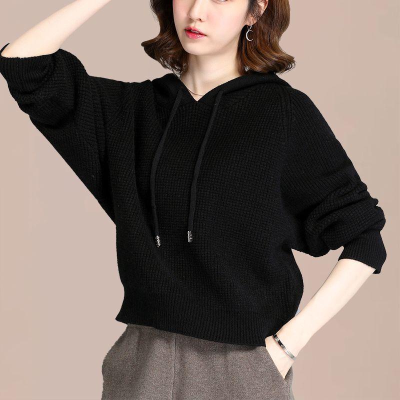 Women's Loose Lazy Style Sweater Autumn Winter New Batwing Sleeve Top Thickened Short Hooded Knit Base Layer