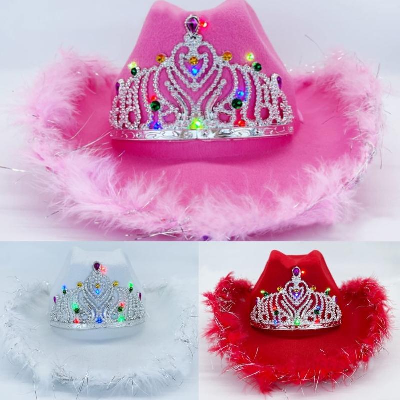 Rhinestone Crown Cowboy Hat Western Style Led Light Brim Hat Fedora Felt Cowboy Jazz Hat Accessory Wedding Party Hat