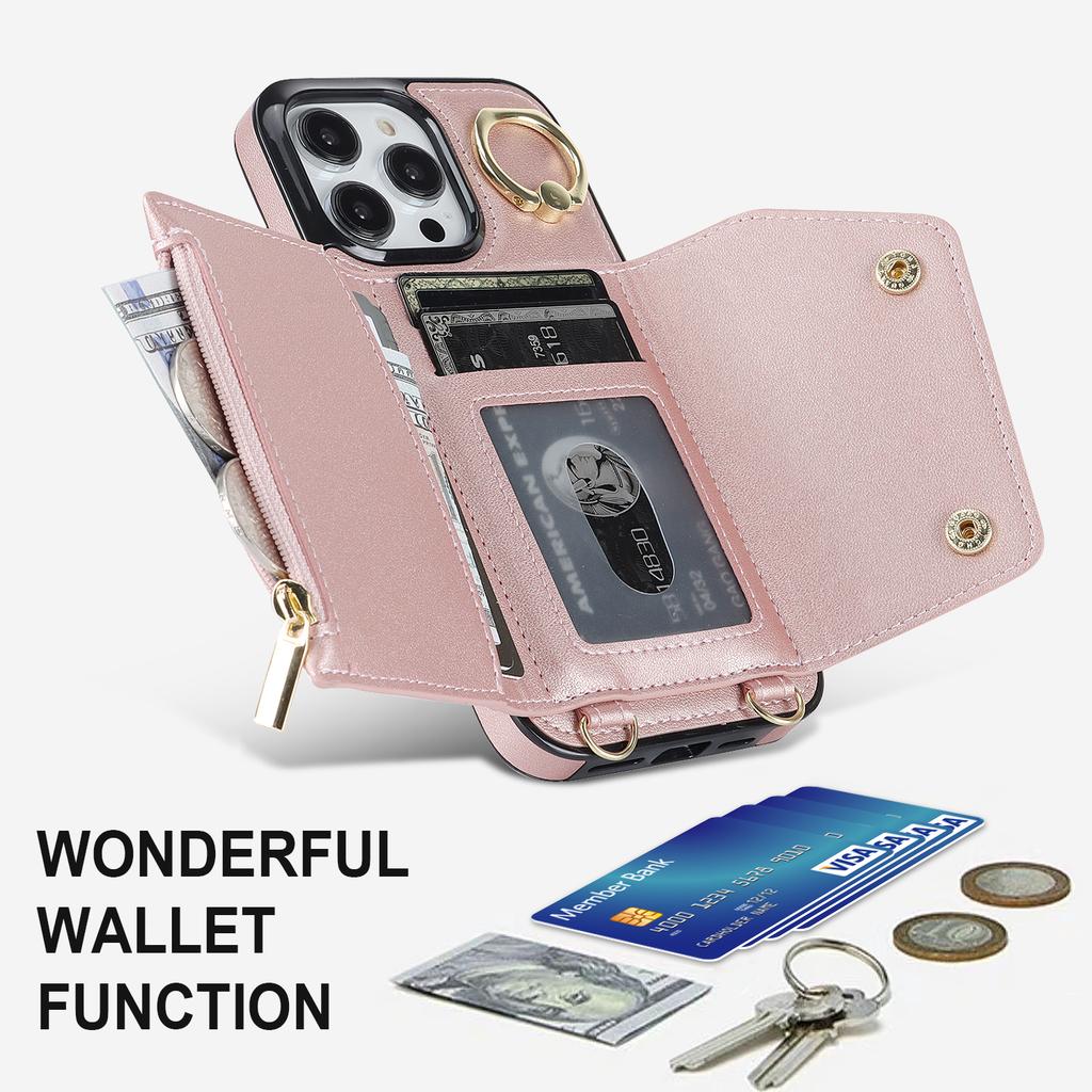 Zipper Crossbody Cards Solt Wallet Leather Case For iPhone 14 15 Pro Max 13 12 11 XR XS 7 8 Plus Ring Holder Strap Purse Cover