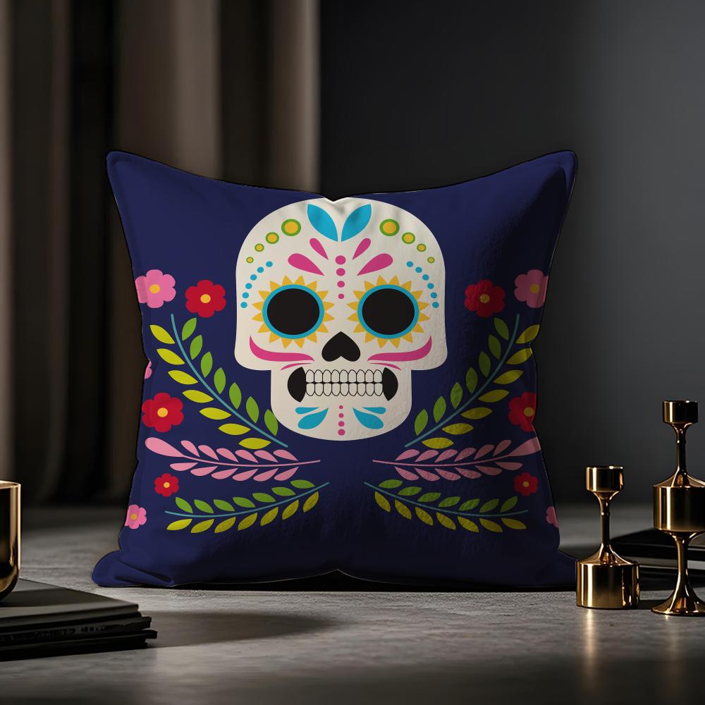 Mexico Easter Flower Skeleton Cushion Cover Case Antidustmite Pillowcase Invisible Zipper Silky Short Plush Sofa Cushion Cover