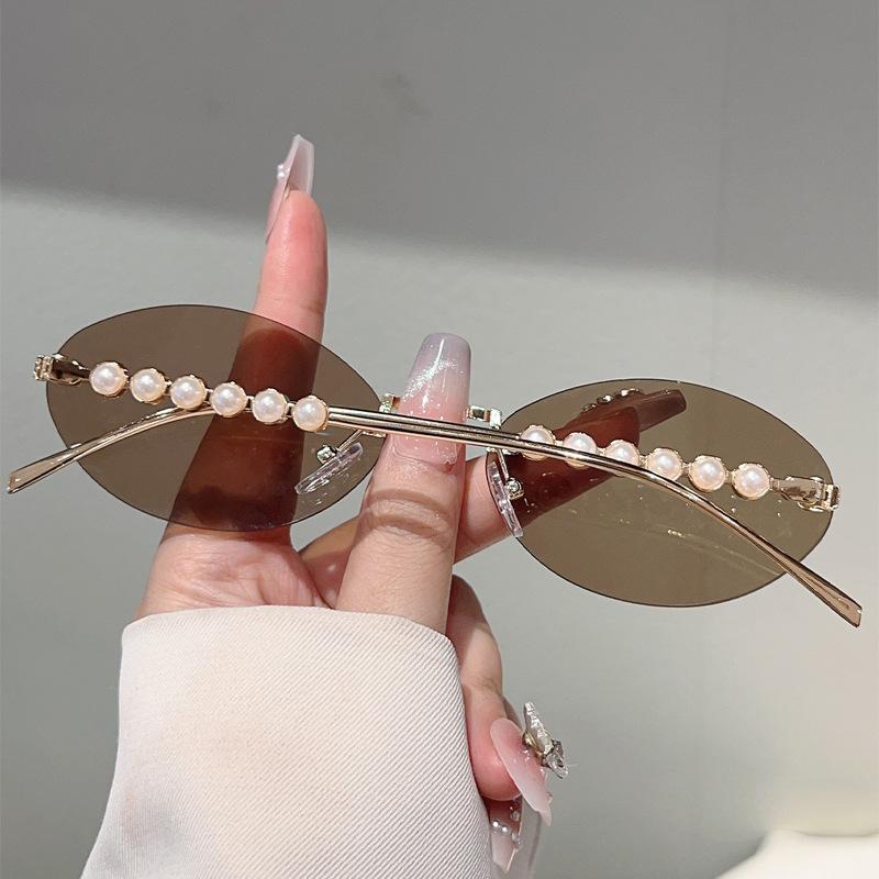 Vintage Rimless Oval Sunglasses Women For Men Luxury Brand Designer Sun Glasses Punk Popular Pearl Metal Eyeglasses Uv400