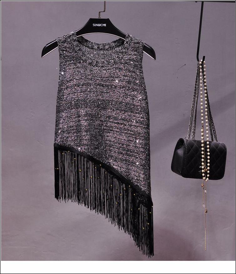 2019 Korean Style Sequin Tassel Spaghetti Strap Vest - Gold Thread Sleeveless Knitted Top for Women