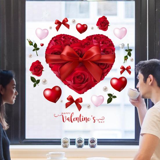 Heart-Shaped Rose Flower Window Sticker Valentine's Day Removable PVC Window Glass Decal Reusable Static Clings for Home Wedding Anniversary