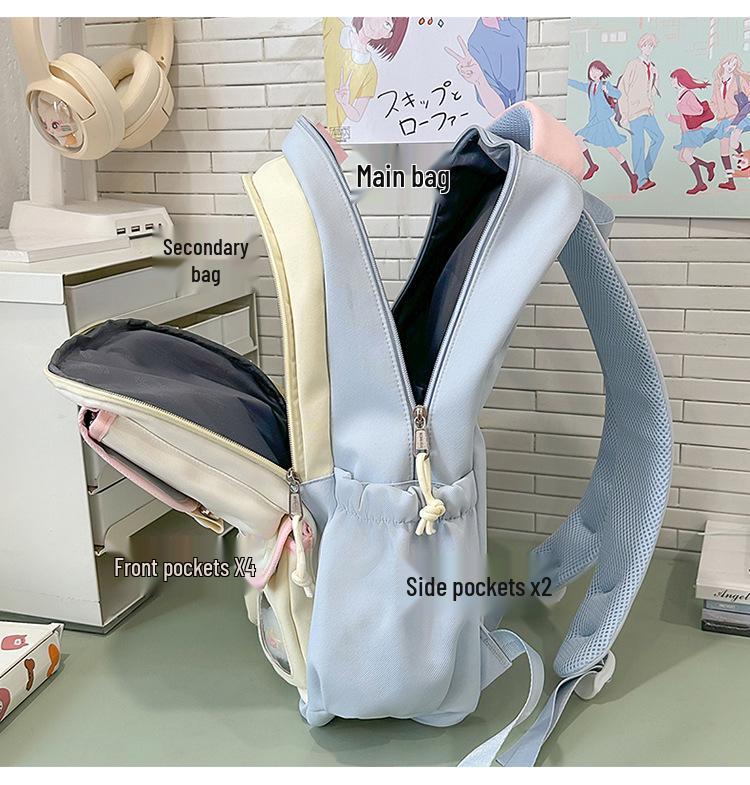 Cute Korean Style Color Block Backpack, Large Capacity for Junior & High School Girls, Laptop Compatible