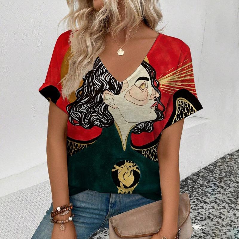 Women's Large Size Short Sleeve V-neck T-Shirt Abstract Face Pattern T-Shirt Fashion Casual Women's Elegant Comfort T-Shirt