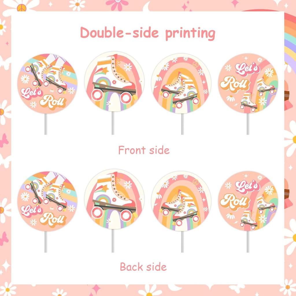 Cheereveal Roll Skating Birthday Decorations - 36 Pack Groovy Theme Let’s Roll Cupcake Toppers, Table Dessert Cupcake Picks, Happy Birthday Party