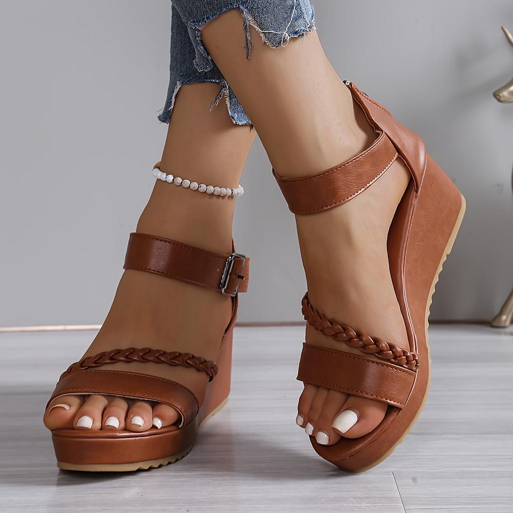 Brown PU Open-Toe Wedge Sandals for Women - Braided Ankle Strap, Adjustable Buckle Closure, Thick Rubber Sole for Summer Comfort