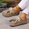 Fashion Women's Slip-On Loafers Soft Bottom Suede Leather Ethnic Style Flats Beaded Lace Up Casual Comfortable Footwear Autumn Shoes