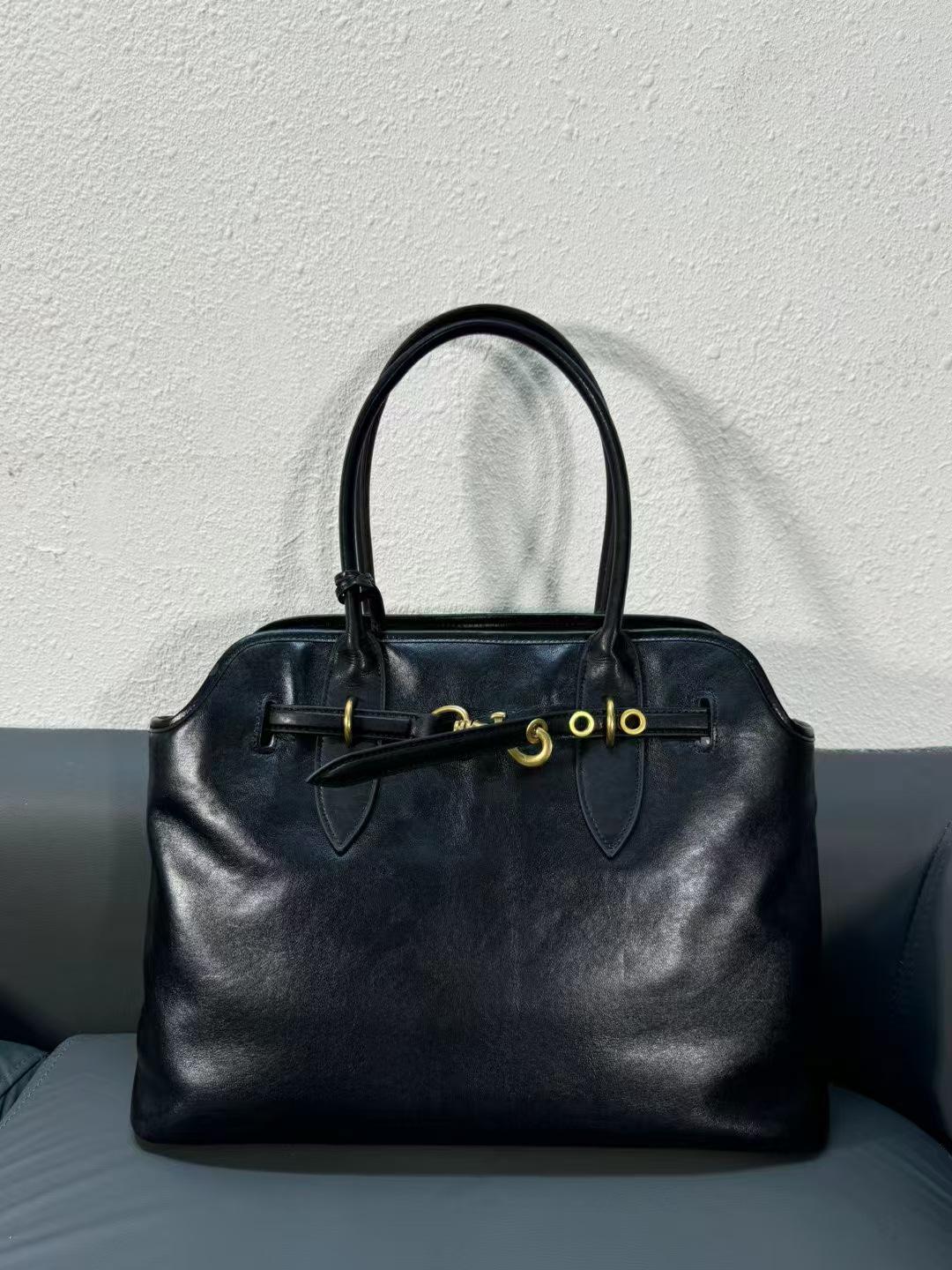 

Винтажная сумка-тоут из натуральной коровьей кожи - большая вместительная сумка для женщин 40x13x30cm, Wrist height 22cm чёрный