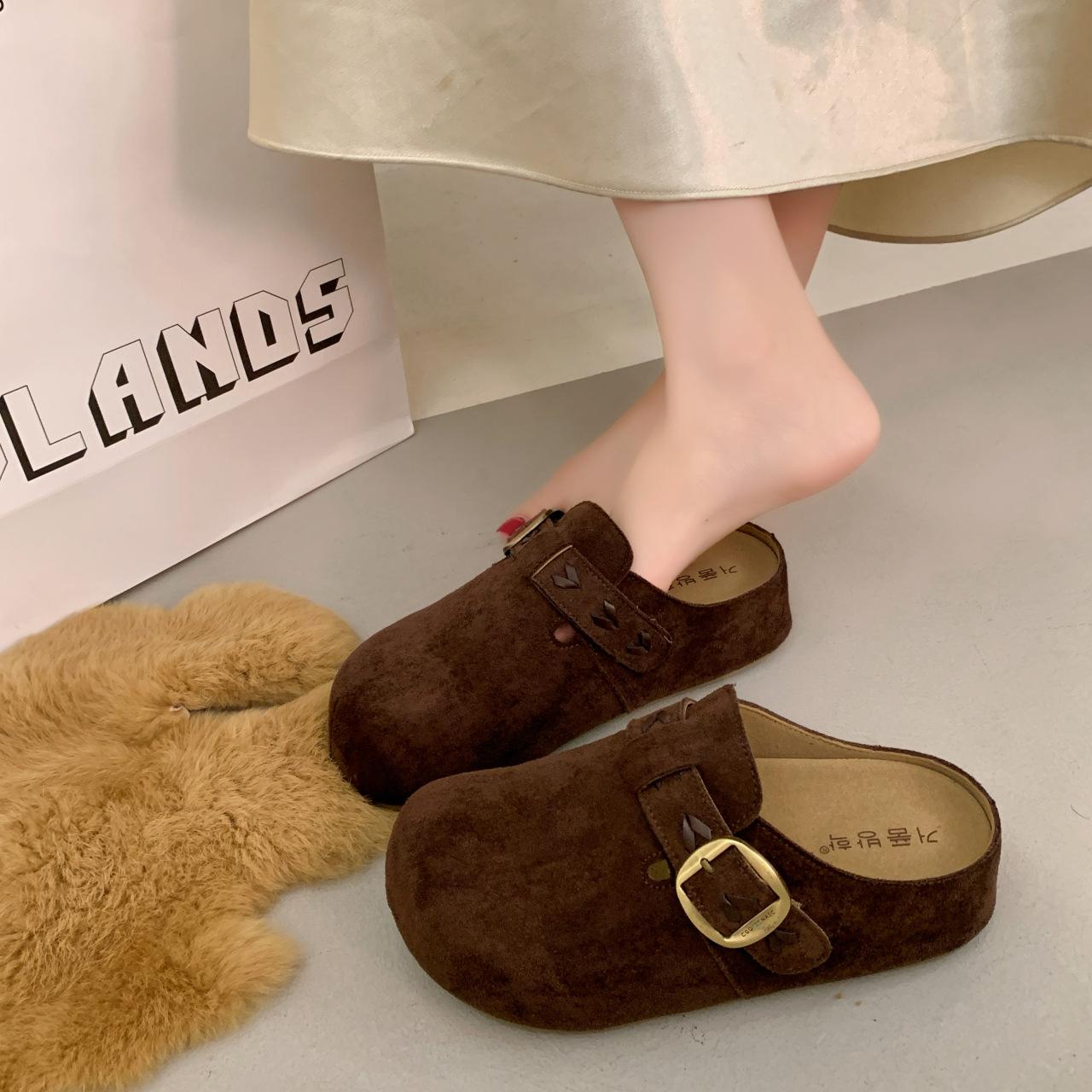 

Boken shoes French retro bag head half slippers women wear lazy single shoes 2025 spring and autumn new flat shoes breathable 40 темно-коричневого