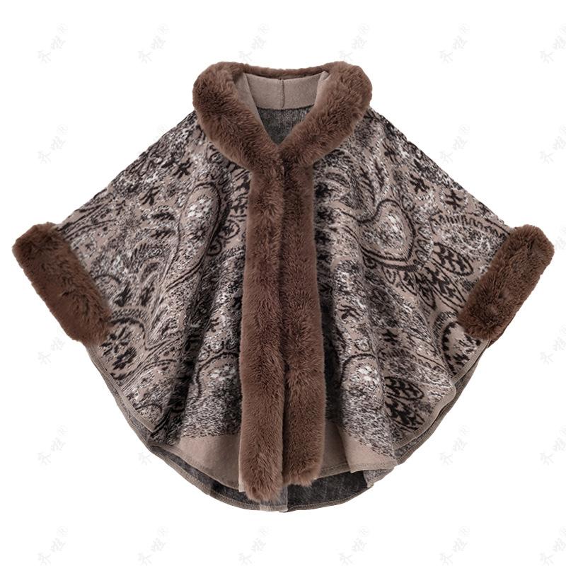 Boho Print Ciepły Szal ze Sztucznego Futra dla Kobiet Miękki Wygodny Stylowy Ponczo Peleryna z Kapturem Oversized Peleryna Luksusowa Futrzana Peleryna na Wieczorne Przyjęcie