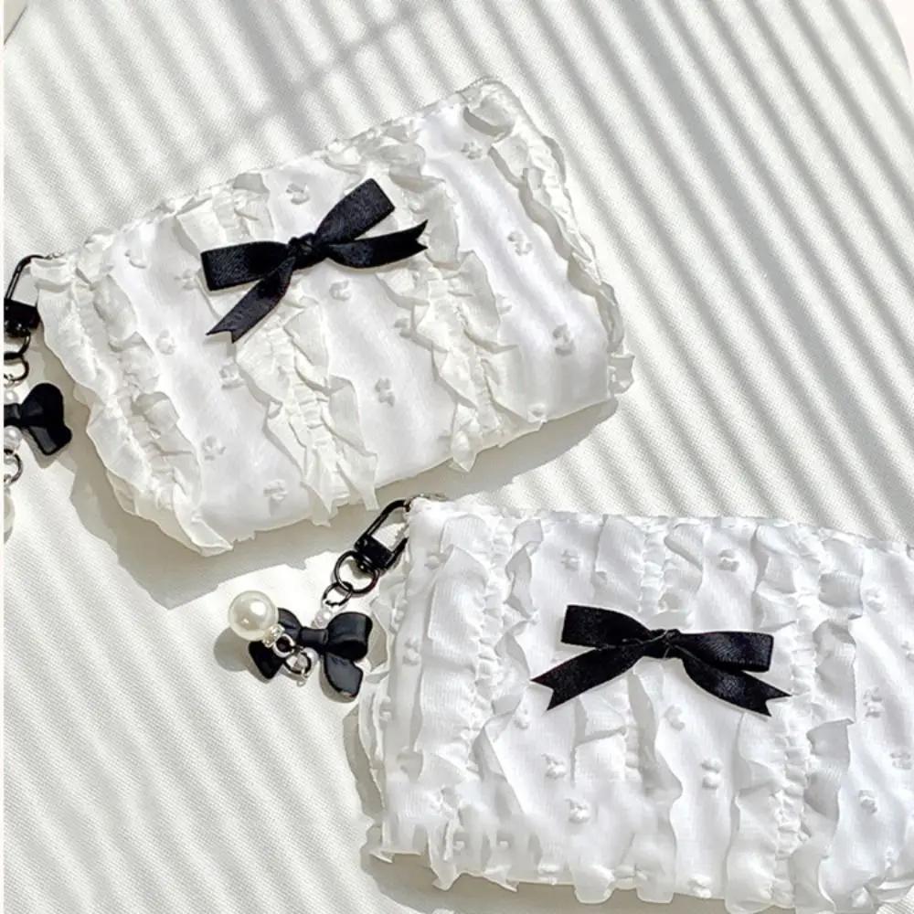 Cute Bow Girls Storage Bag Solid Color Soft Coin Purse Lipstick Headphone Bag Large Capacity Lace Clutch Bag