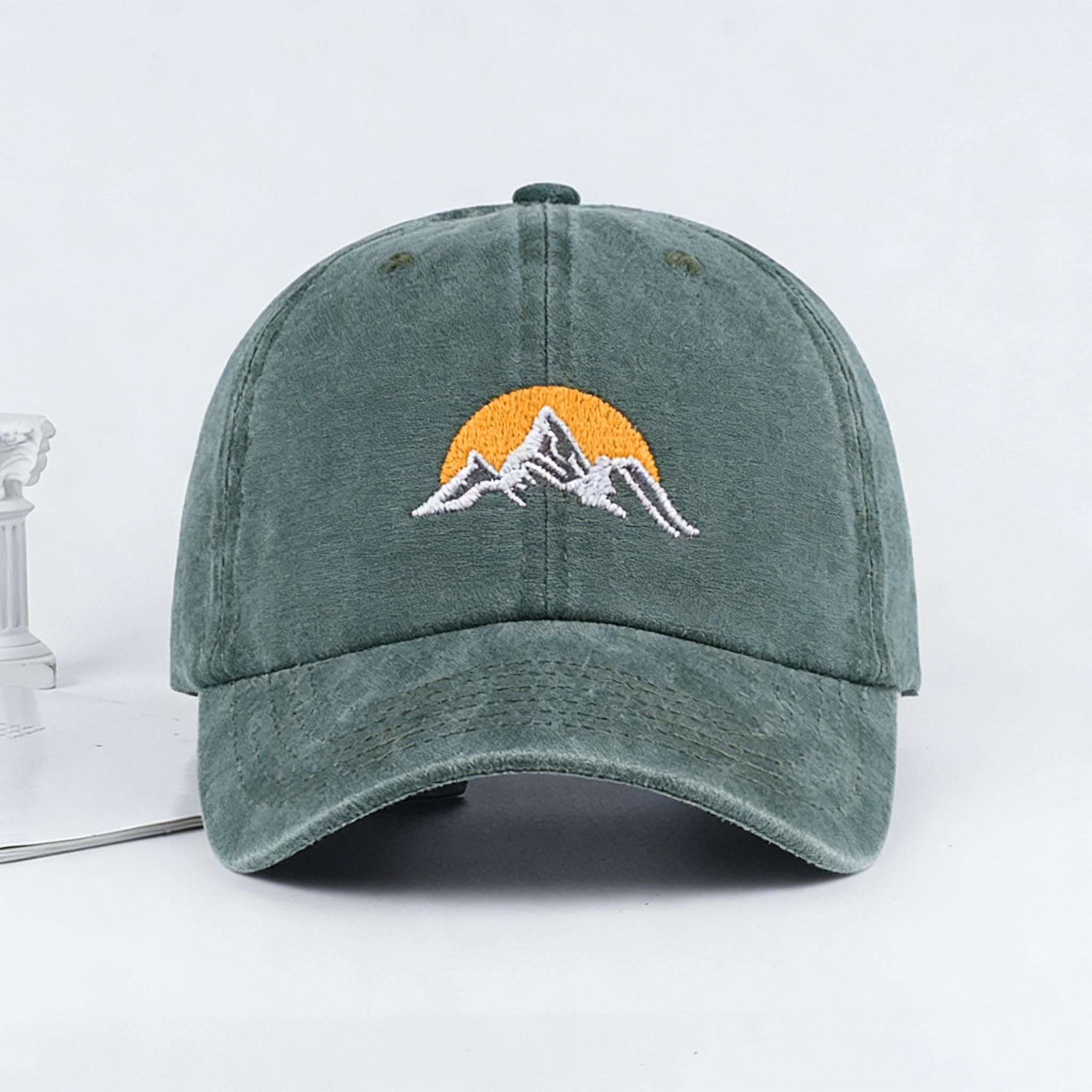 Vintage Mountain Sunrise Embroidered Washed Baseball Cap Adjustable Unisex Camping Travel Casual Hat зелёный