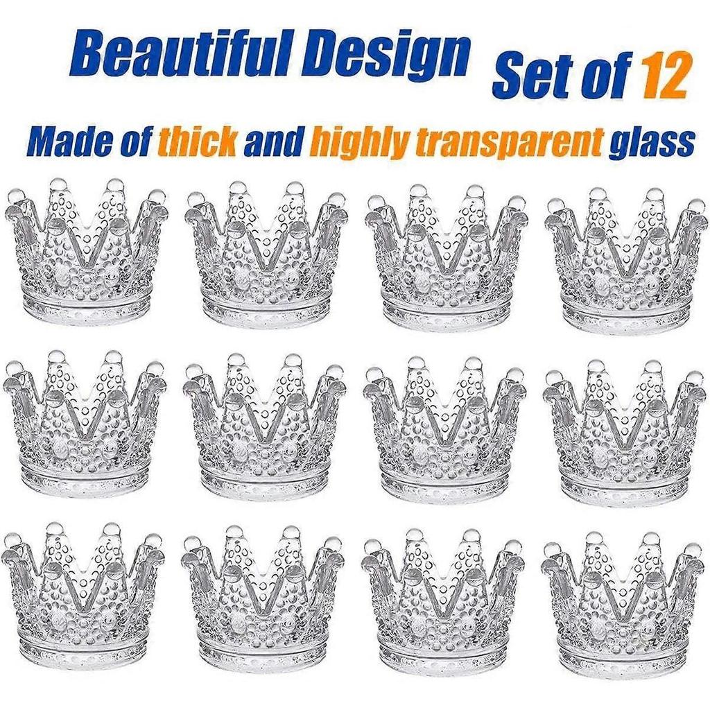 Set of 12 Decorative Clear Glass Crown Tealight Holders for Wedding, Party, Dinner, Home Table Decor.