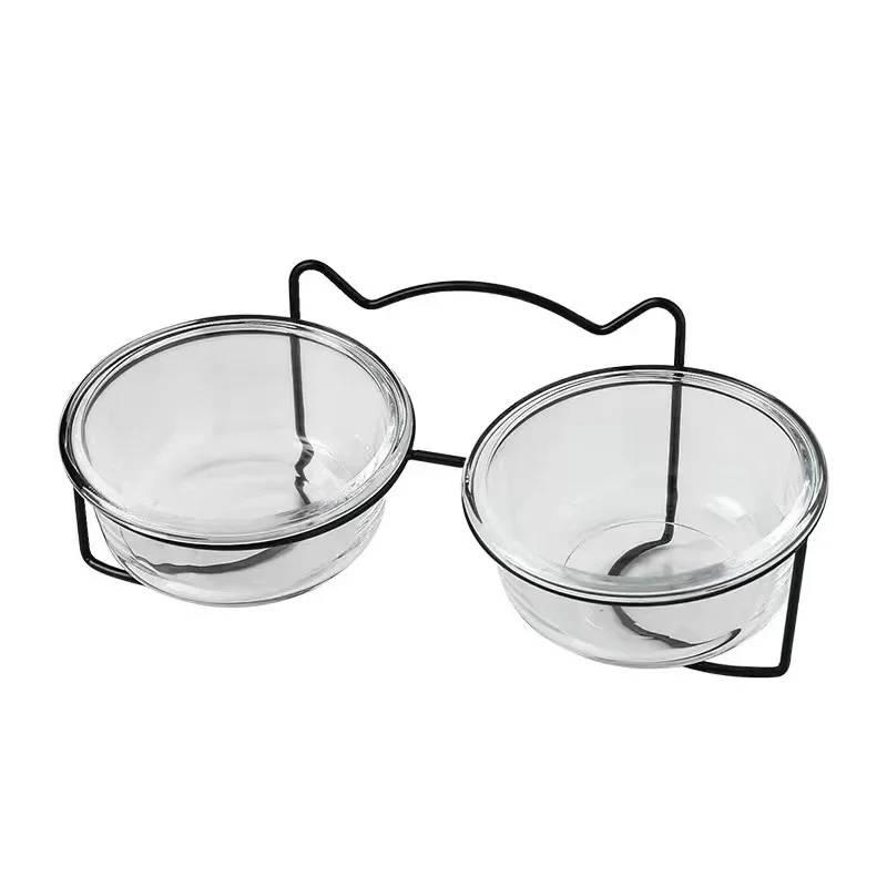 Glass Cat Dog Bowl Puppy Food Bowl With Iron Frame Gold Stand Raised Water Feeder Bowl Pet Supplies Accessories
